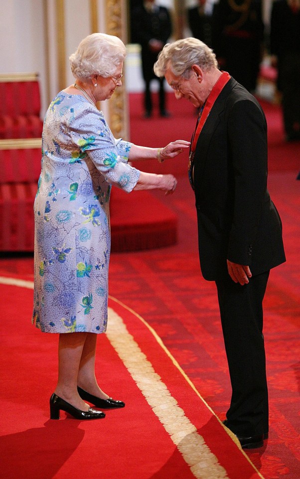 Sir Ian McKellen receives Companion of Honour medal for services to Drama and Equality from Queen Elizabeth II in 2008