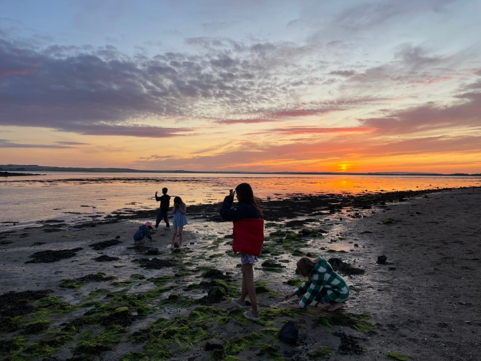 a group of people standing on a beach at sunset