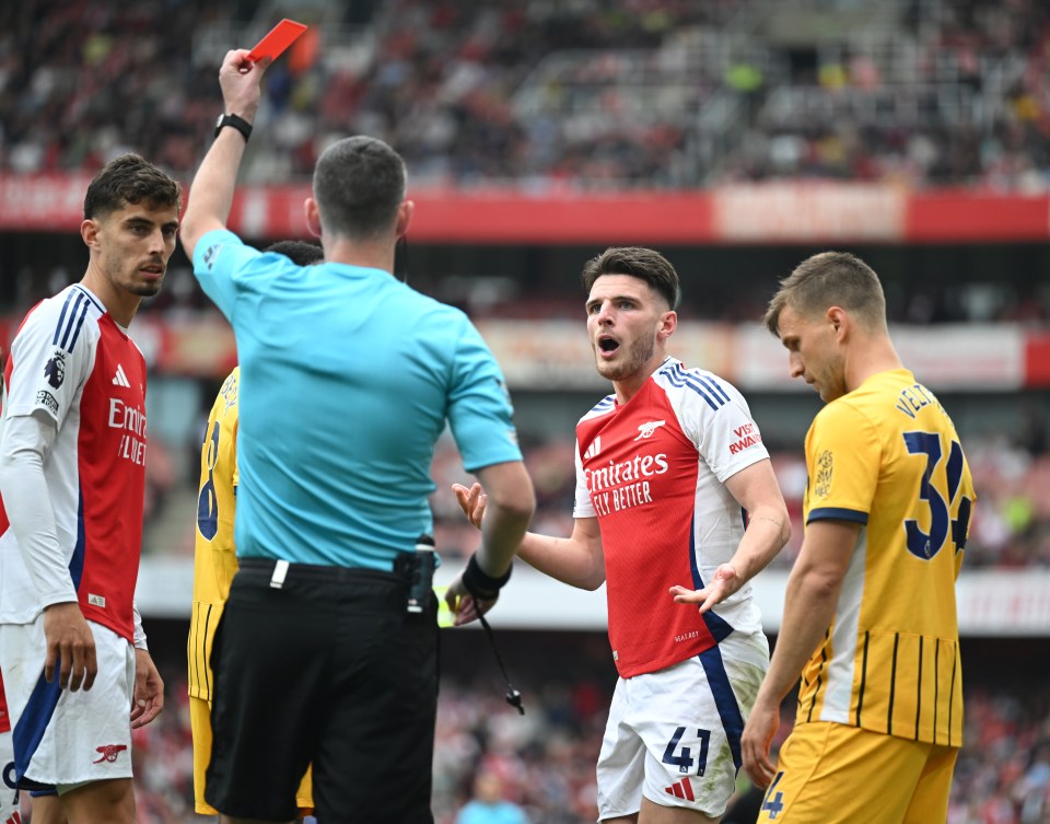 Arsenal’s Declan Rice received a second yellow card after kicking the ball away