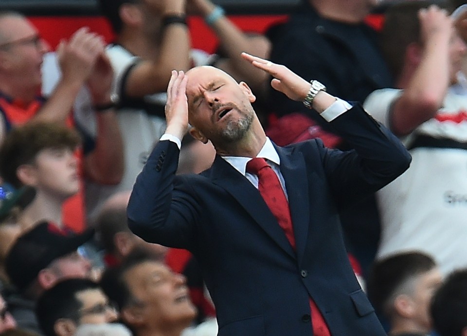 a man in a suit holds his hands to his head in front of a crowd