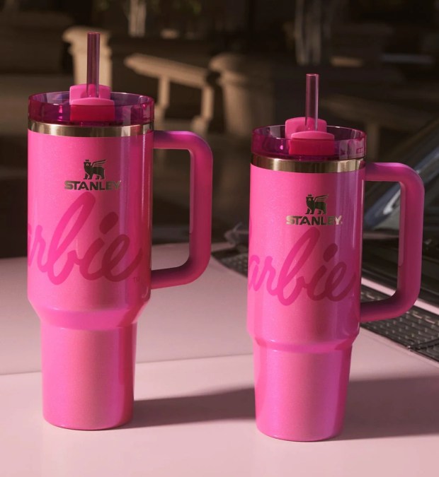 two pink stanley travel mugs with straws