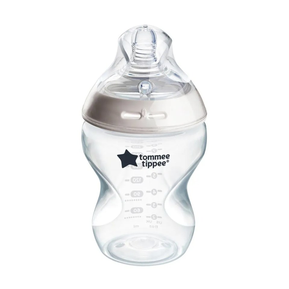 a clear tommee tippee bottle with a white cap