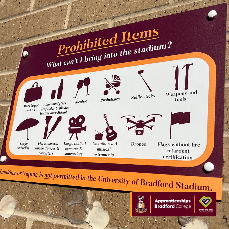 Bradford's list of items prohibited from being taken into their stadium