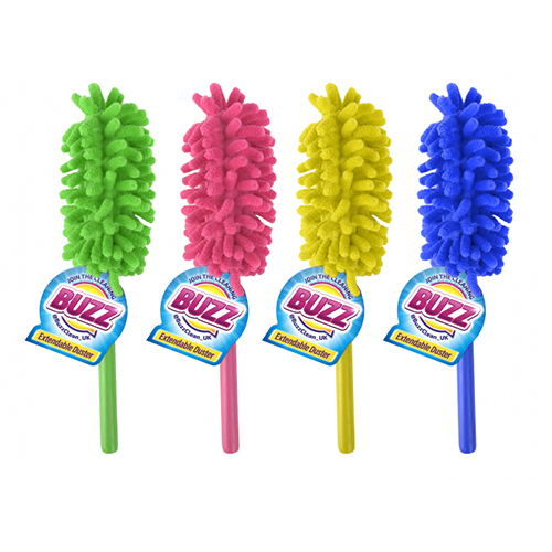 four different colored buzz cleaning brushes on a white background