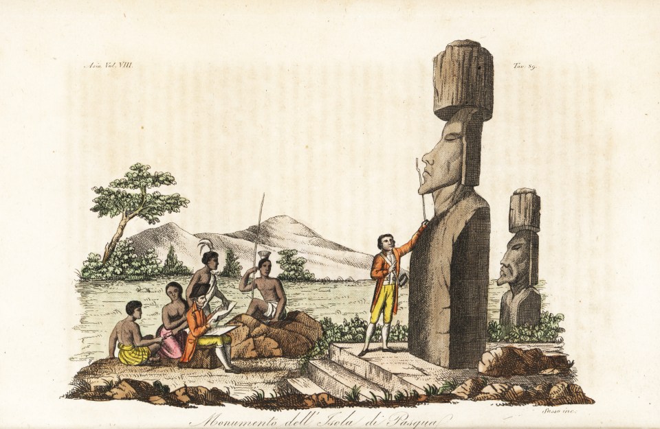 Captain James Cook and natives examining the Moai statues on Easter Island