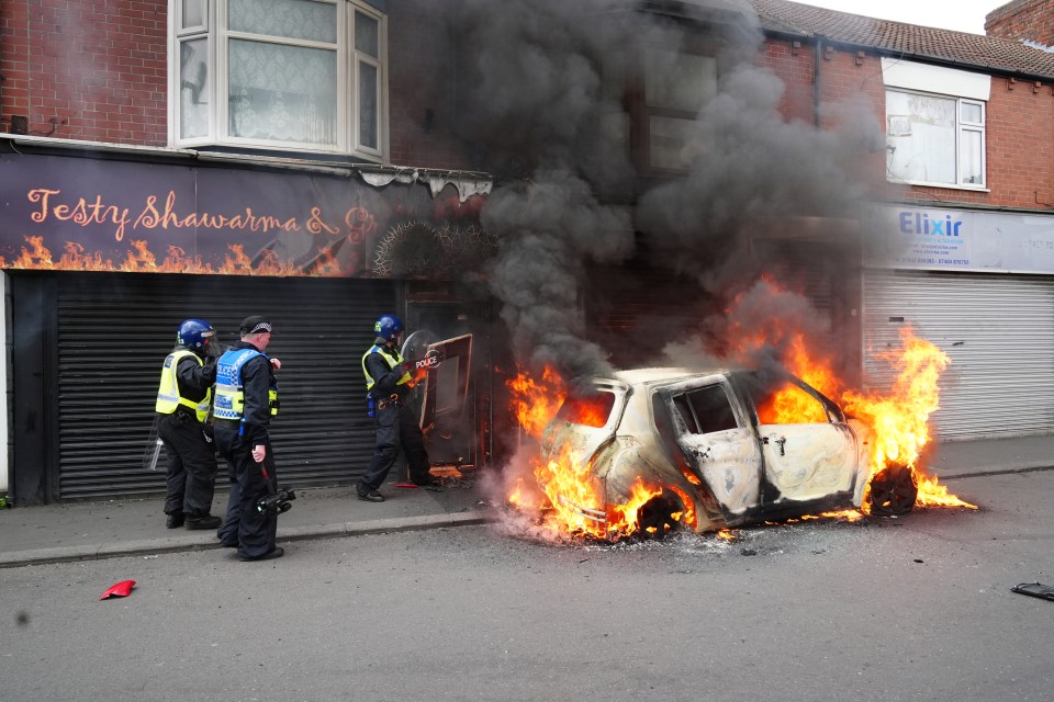 A car burns on Parliament Road, in Middlesbrough, during a vile demonstration earlier this month