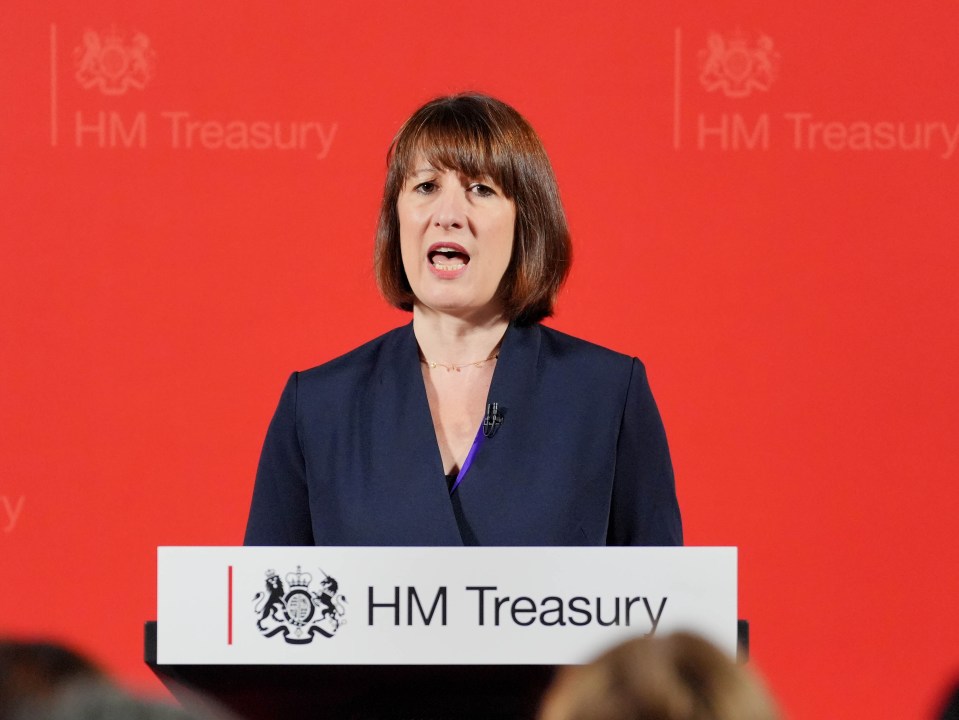 a woman stands at a podium that says hm treasury