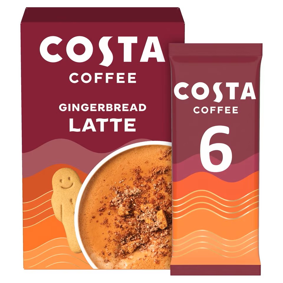 a box of costa coffee gingerbread latte next to a bag