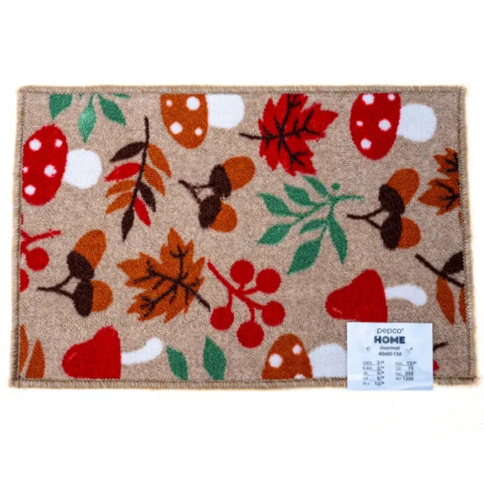 a rug with mushrooms and leaves on it