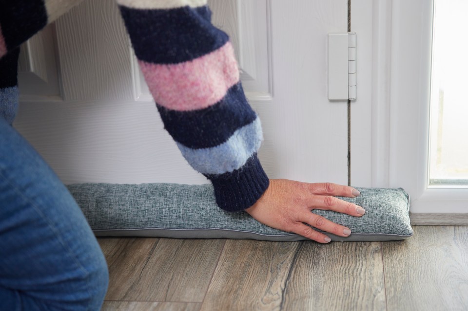 a person in a blue and pink striped sweater is pushing a door