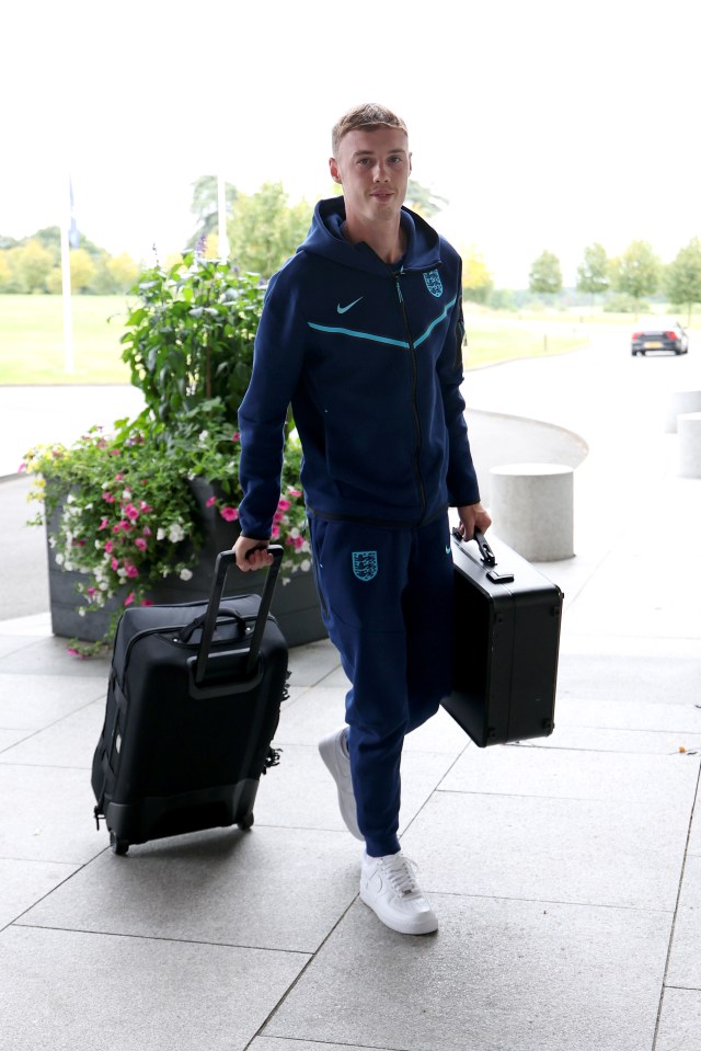 a man wearing a nike tracksuit carrying a suitcase and a briefcase