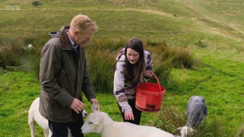 a man and a woman petting a sheep in a field with bbc written on the bottom