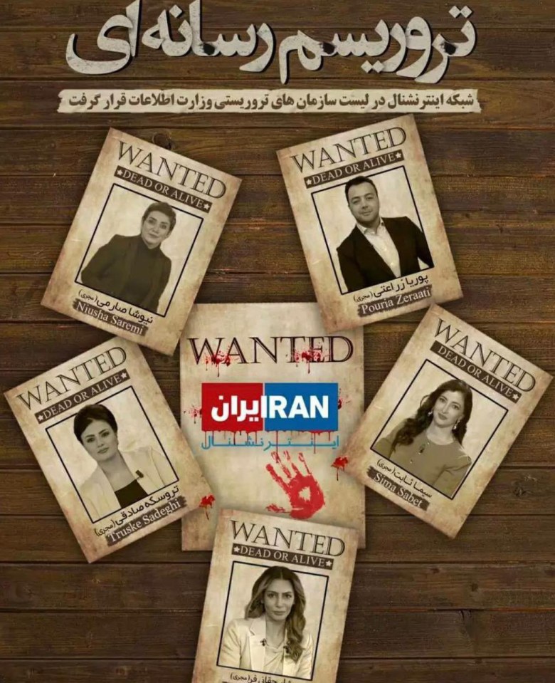 A wanted poster distributed by Iranian state-backed media that shows photos of wanted Iranian journalists living in the west