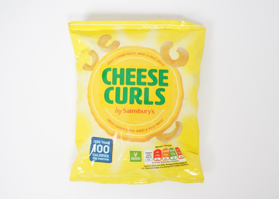 a yellow bag of cheese curls by sainsbury 's