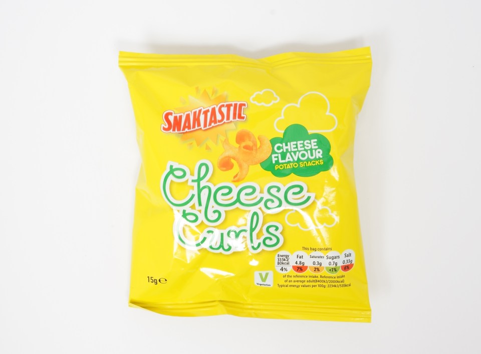 a yellow bag of cheese curls says cheese flavour potato snacks