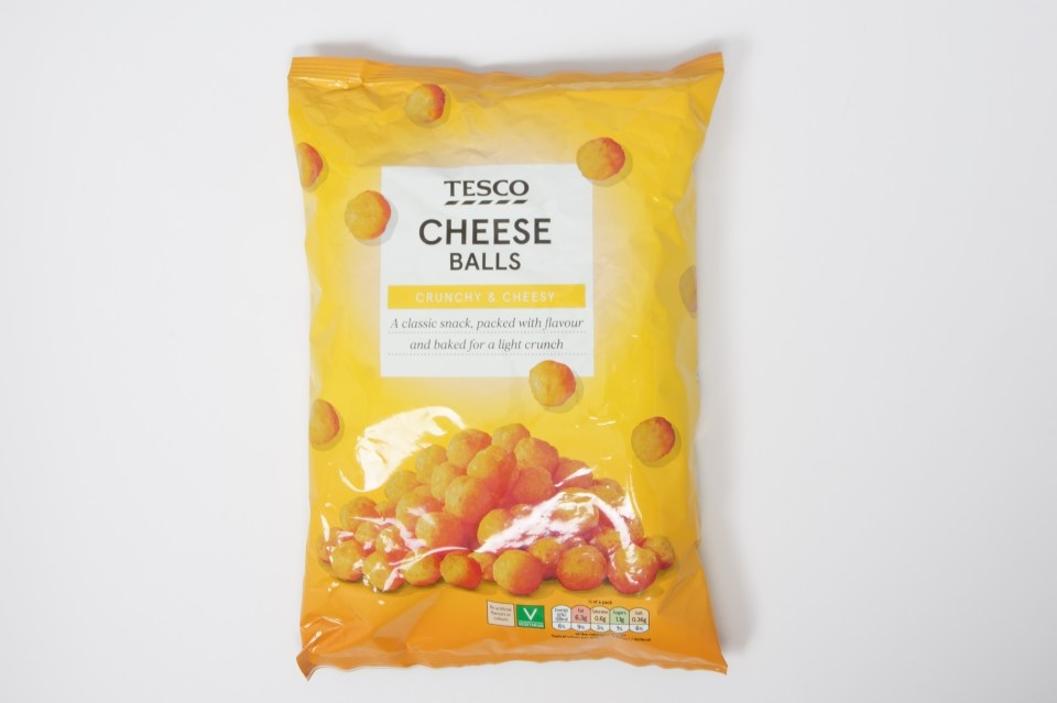 a bag of tesco cheese balls crunchy and cheesy