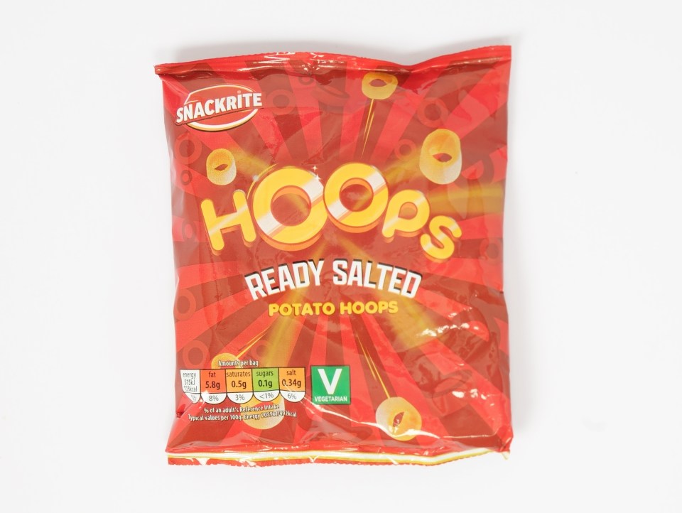 a bag of snackrite hoops ready salted potato hoops