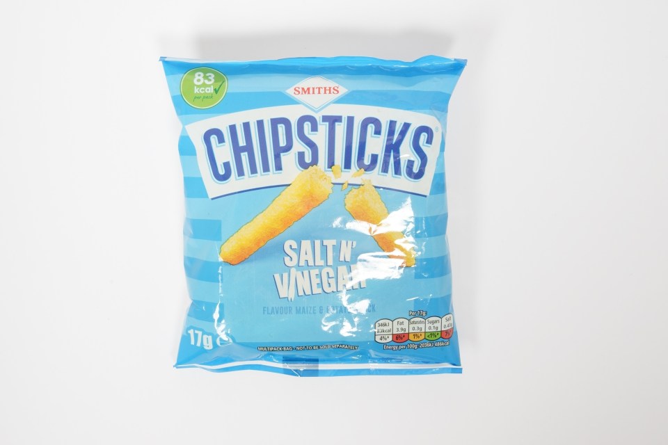 a blue bag of salt vinegar chips sticks