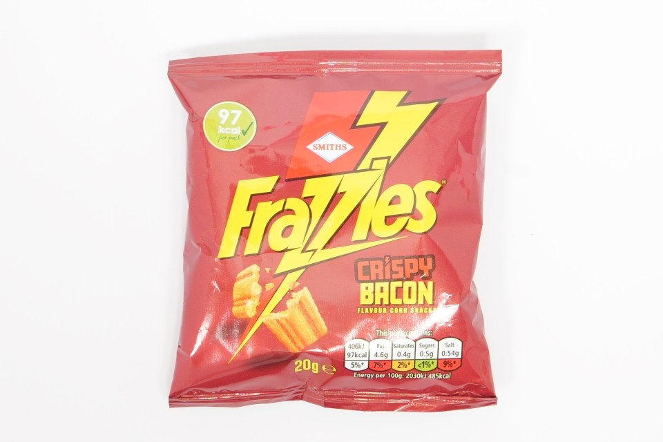 a bag of frazzles crispy bacon corn snacks