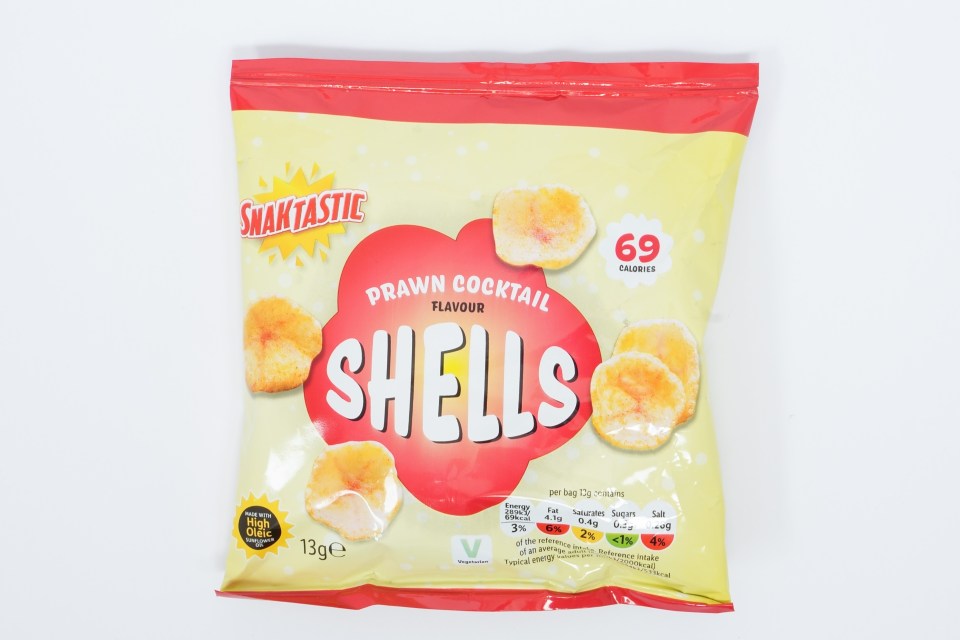 a bag of prawn cocktail shells chips with 69 calories