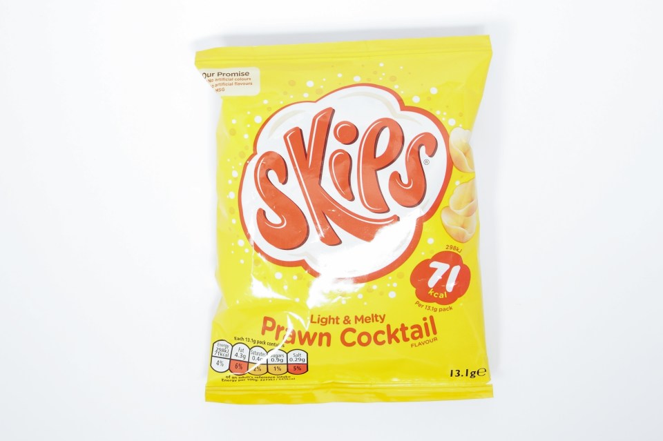 a bag of skips light and melty prawn cocktail chips