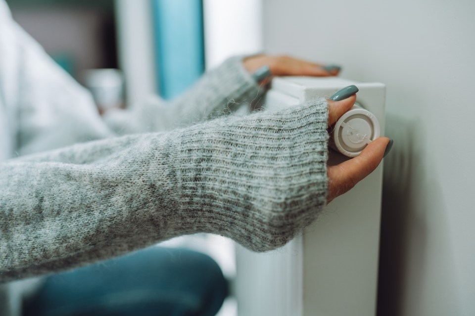 a woman in a grey sweater is adjusting a thermostat