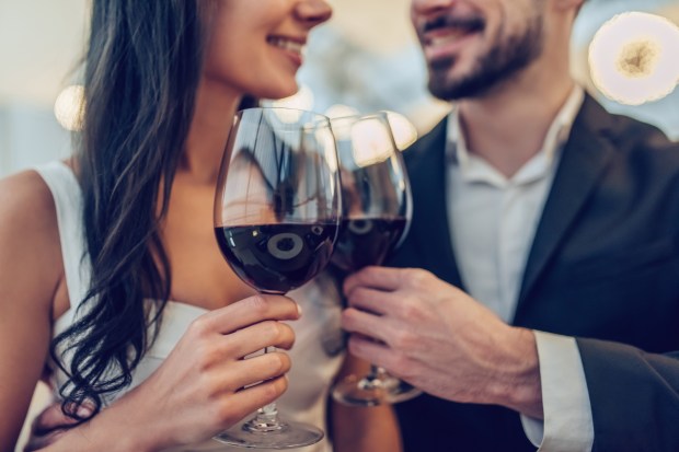 a man and a woman are toasting with wine glasses