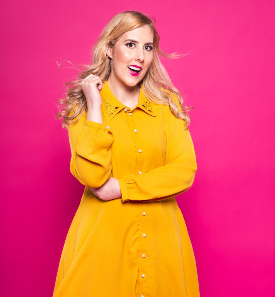 a woman in a yellow dress is standing in front of a pink background