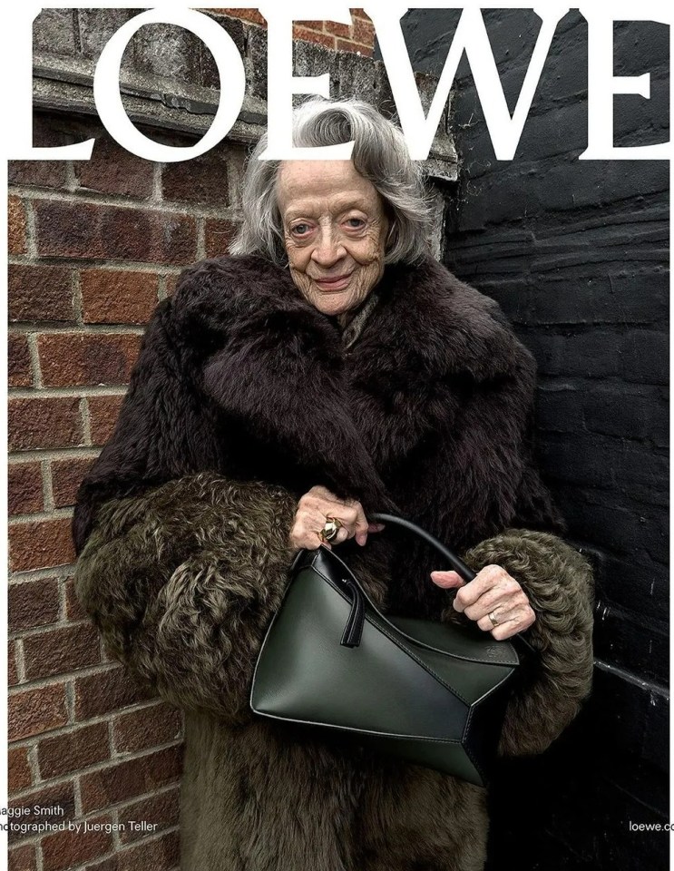 a woman in a fur coat is on a loewe ad