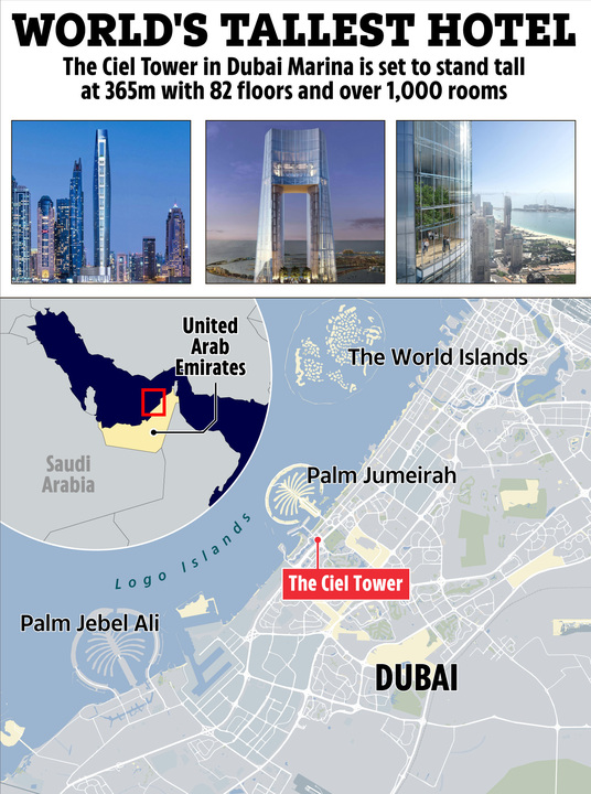 the ciel tower in dubai marina is set to stand tall at 365m with 82 floors and over 1,000 rooms