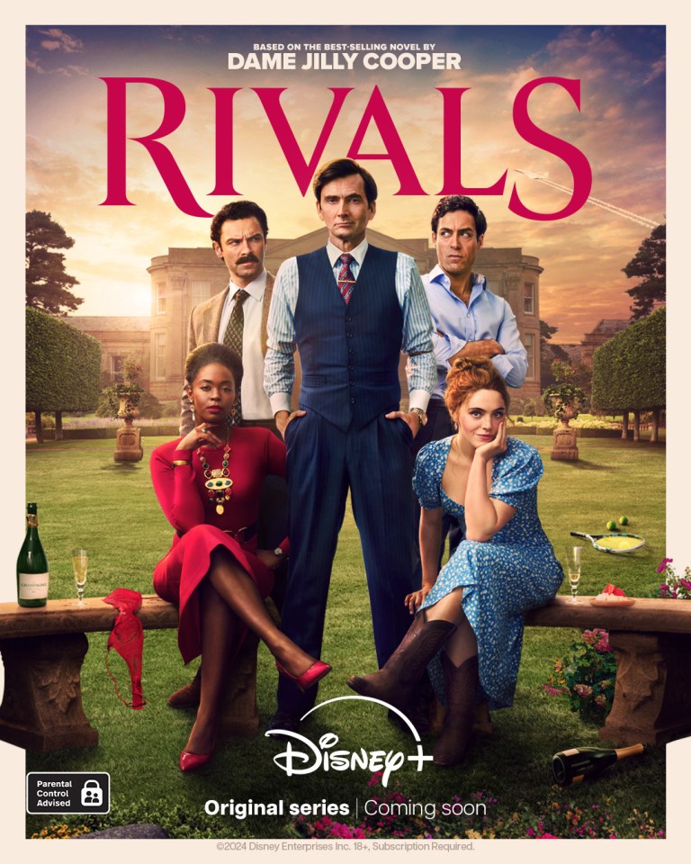 Rivals has a star-studded cast including Aidan Turner, Katherine Parkinson, Emily Atack, David Tennant and Danny Dyer