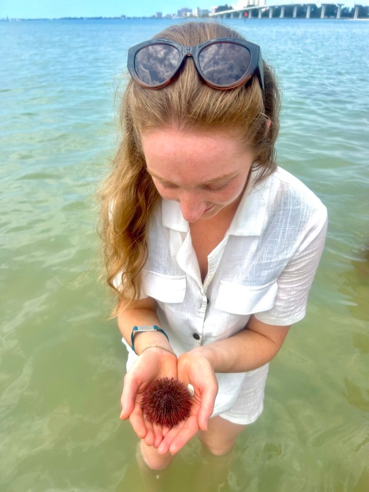 a woman wearing sunglasses holds a sea urchin in her hands