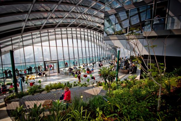 the inside of a building with lots of windows and plants