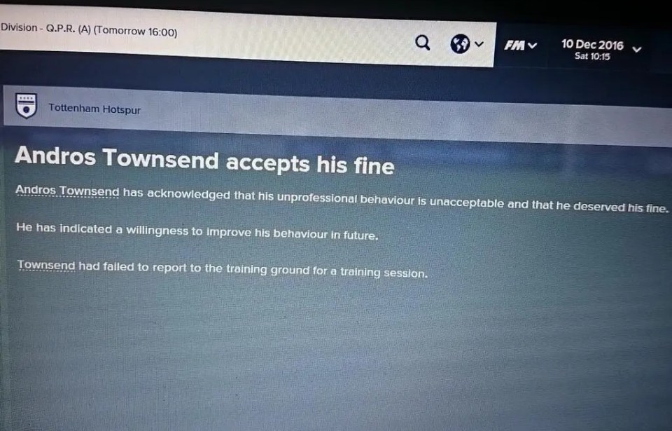 a computer screen that says andros townsend accepts his fine