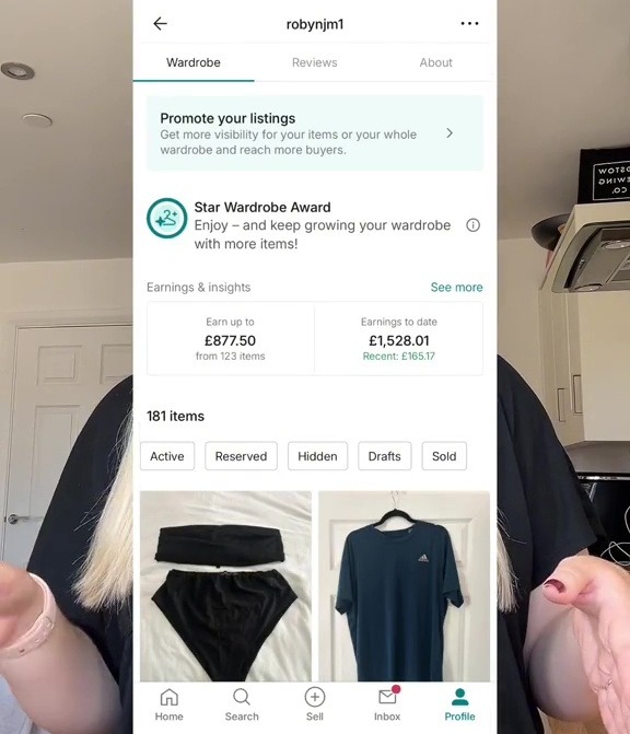 a woman is looking at a screenshot of a wardrobe app