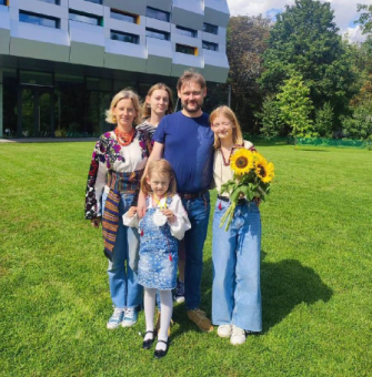 Yaroslav is the sole survivor of his family - his wife Evgenia, 43, (left) and three daughters - Emilia, seven, (centre front) Daryna, 18, (right) and Yaryna, 21, (back left) were all killed in the missile strike