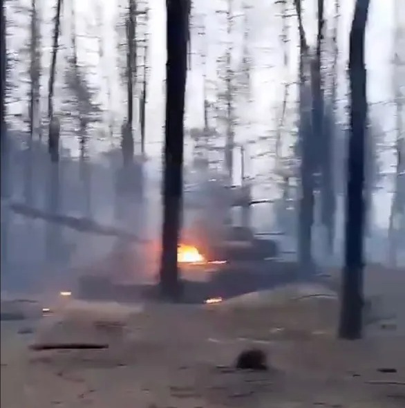 A burning Russian tank