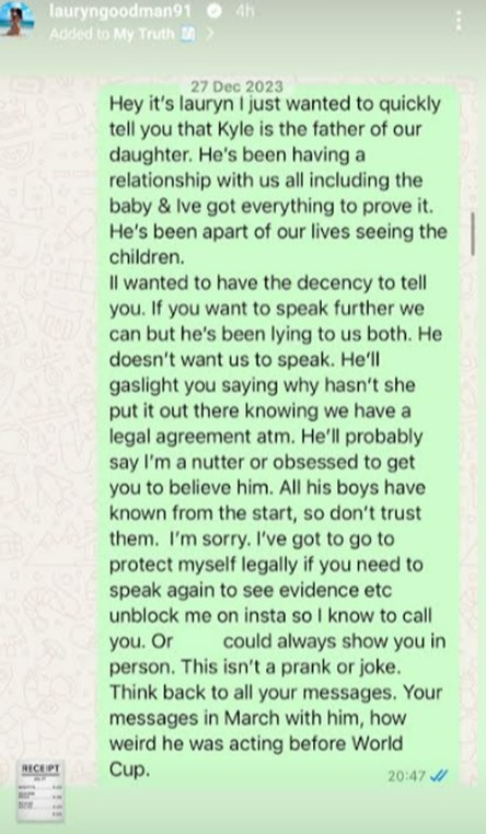 She posted the bombshell WhatsApp message to Instagram