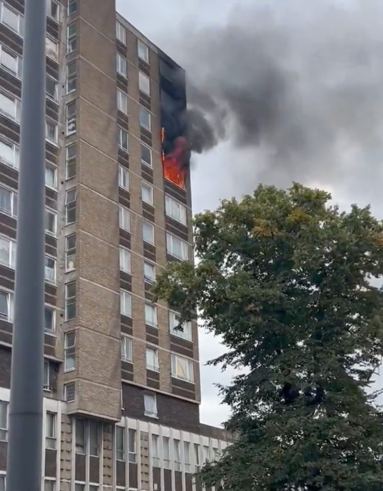 Heavy black smoke and flames can be seen pouring out of the tower block