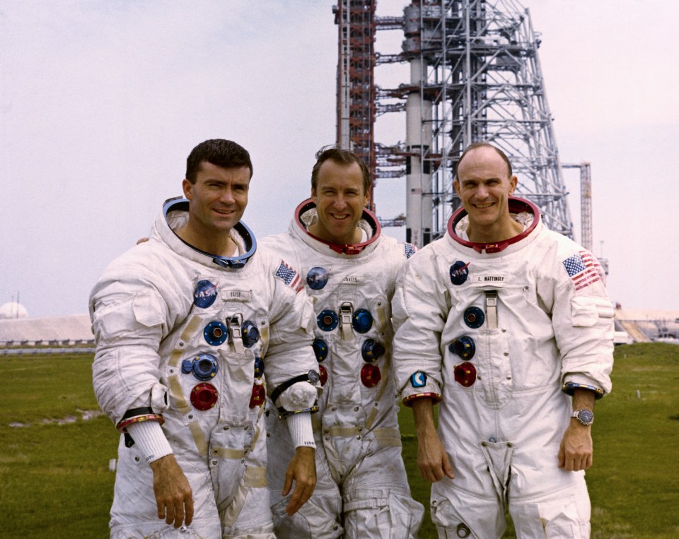 Three of the crew members of Apollo 13 (left to right), Fred Haise, Jim Lovell, and Ken Mattingly