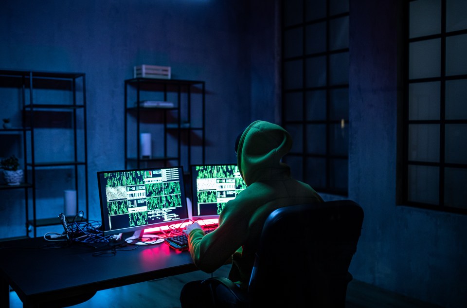 a man in a green hoodie sits in front of two computer monitors