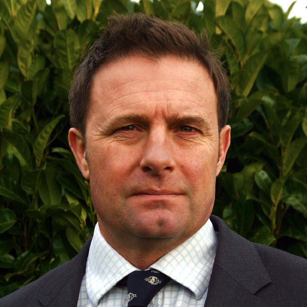 a man in a suit and tie stands in front of a bush