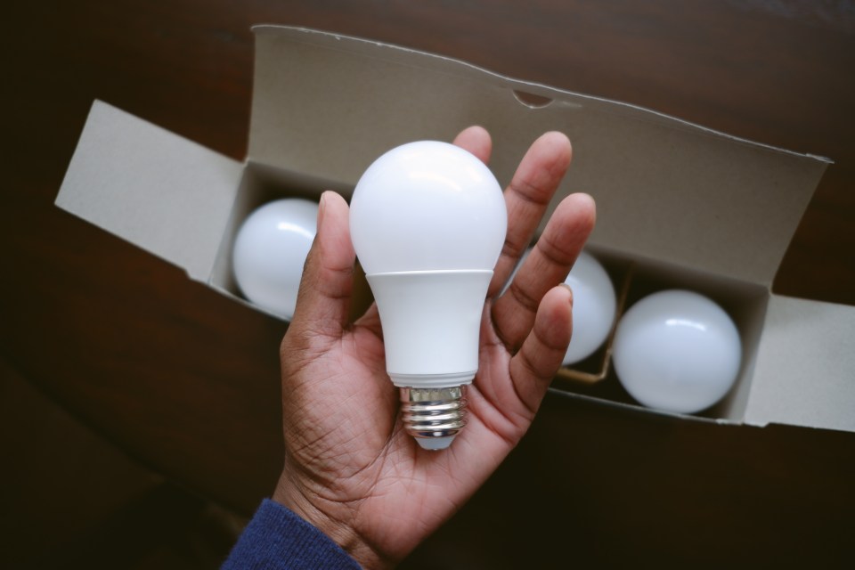 a person holding a light bulb in front of a box of light bulbs