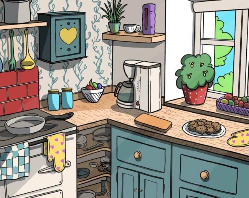 Can you spot the mouse hiding in the kitchen?