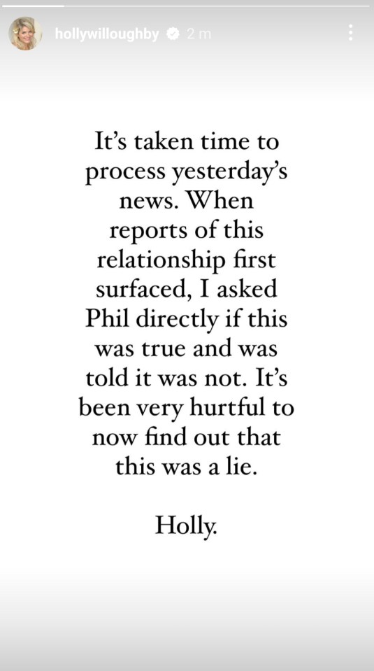 Holly said Phil lied to her over his affair with a younger colleague