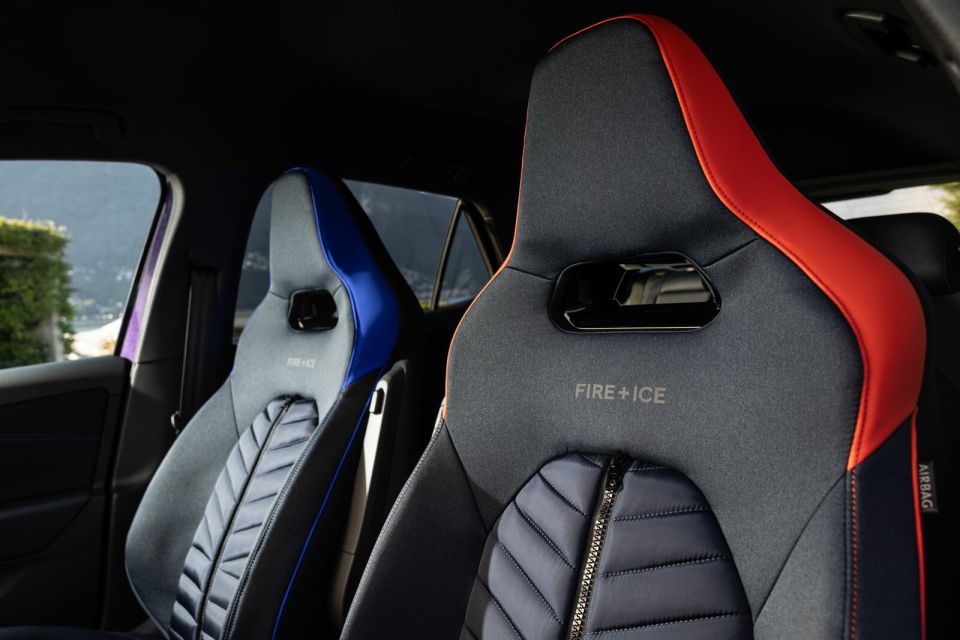 a car seat that says fire + ice on it