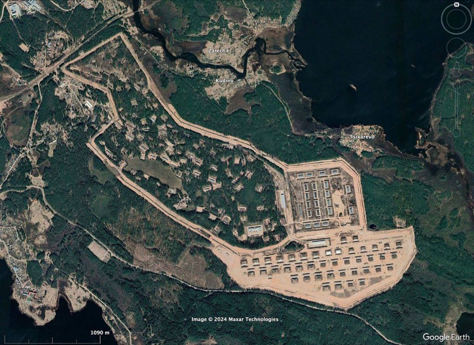 Aerial view of the ammunition depot that was obliterated by the Ukrainians