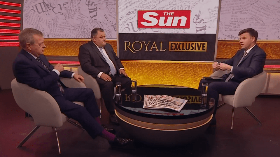 three men are sitting in front of a screen that says the sun royal exclusive