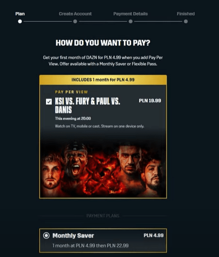 DAZN's pay per view sign up option for big fights