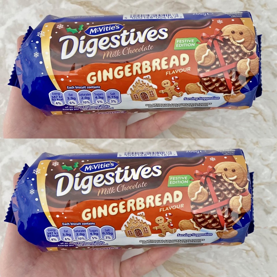 two packages of mcvities digestives milk chocolate gingerbread flavour